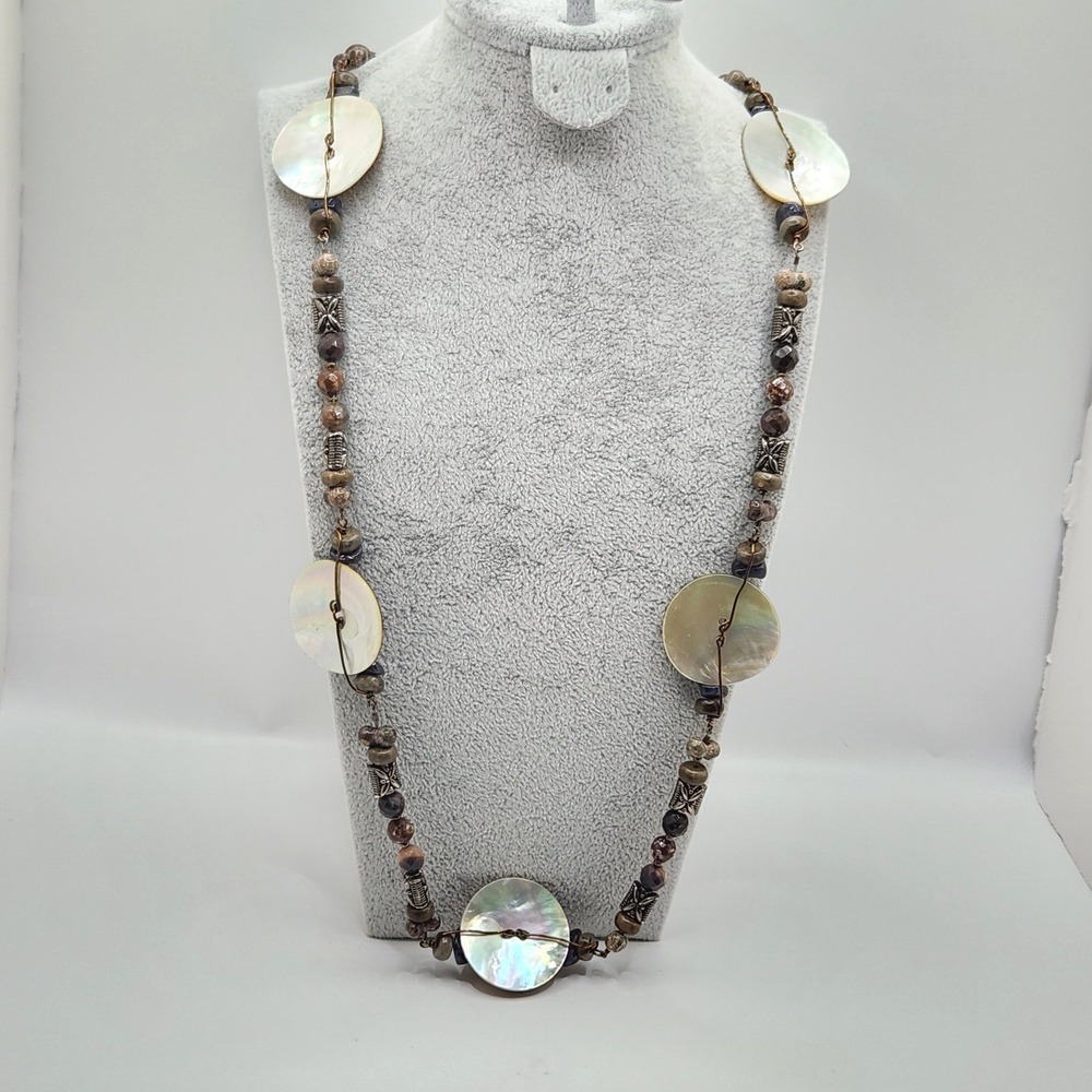 Boho‎ Mother of Pearl Jasper Beaded Long Statement Necklace OOAK Hippie